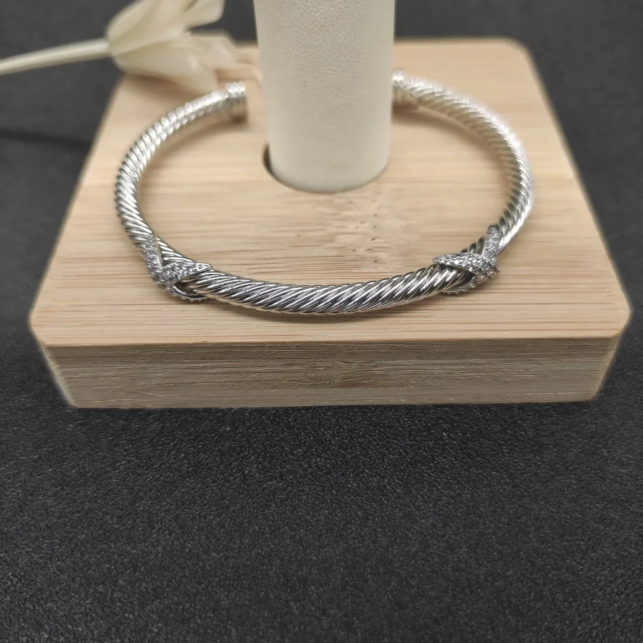 Silver White Twisted Rope Cable Pavé Stone Accents Bracelet 7