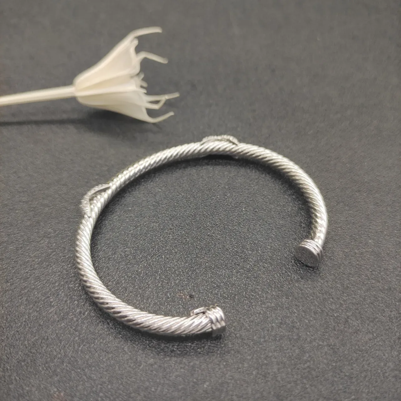 Silver White Twisted Rope Cable Pavé Stone Accents Bracelet 8