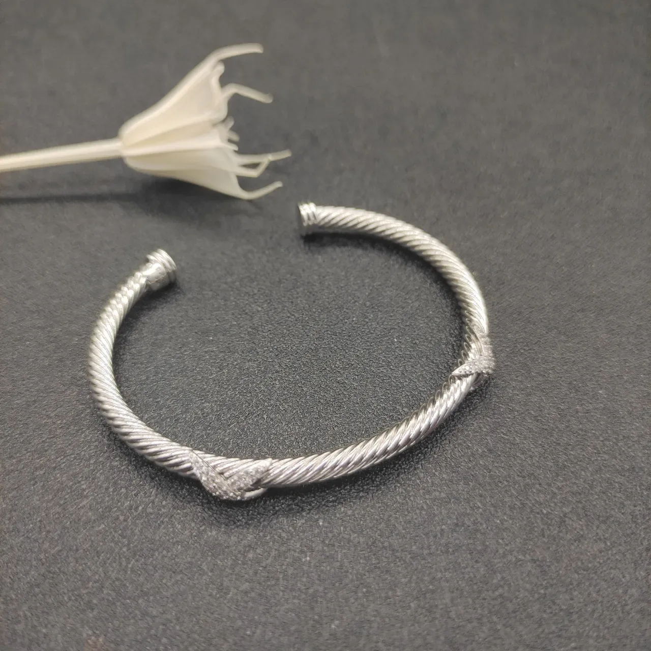 Silver White Twisted Rope Cable Pavé Stone Accents Bracelet 9
