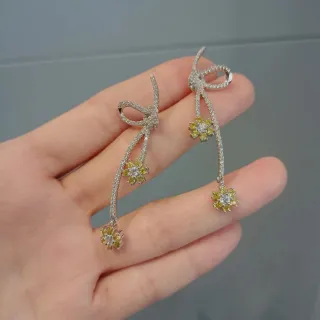 Silver Yellow Bow-Top Dangle Floral Gem Clusters Earrings