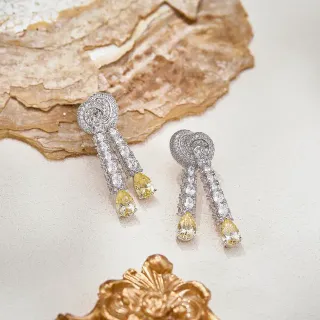 Silver Yellow Ornate Scroll-Top Pavé-Set Earrings