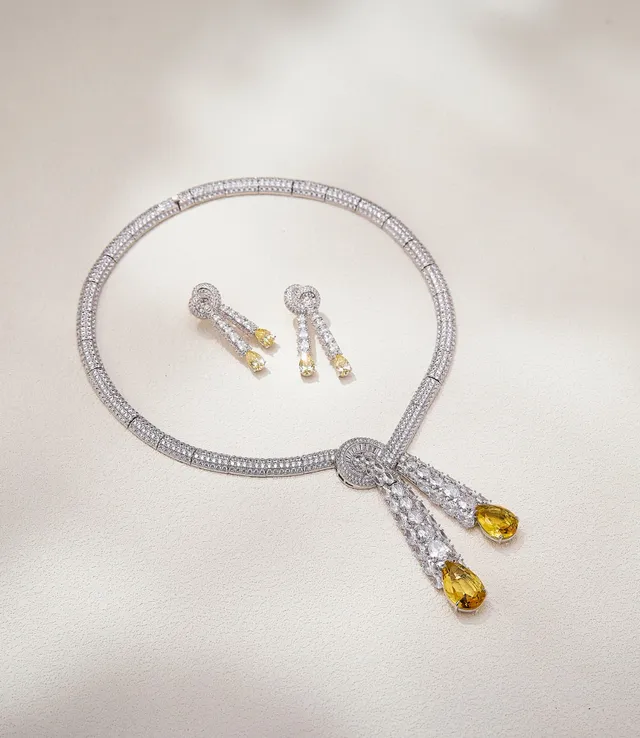 Silver Yellow Ornate Scroll-Top Pavé-Set Earrings 4