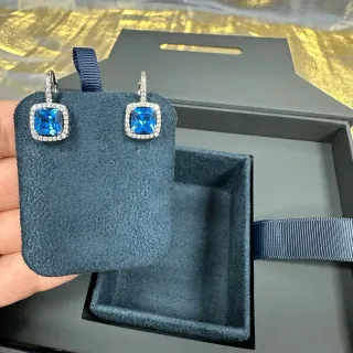 Square Blue Gemstone Halo Lever-Back Earrings
