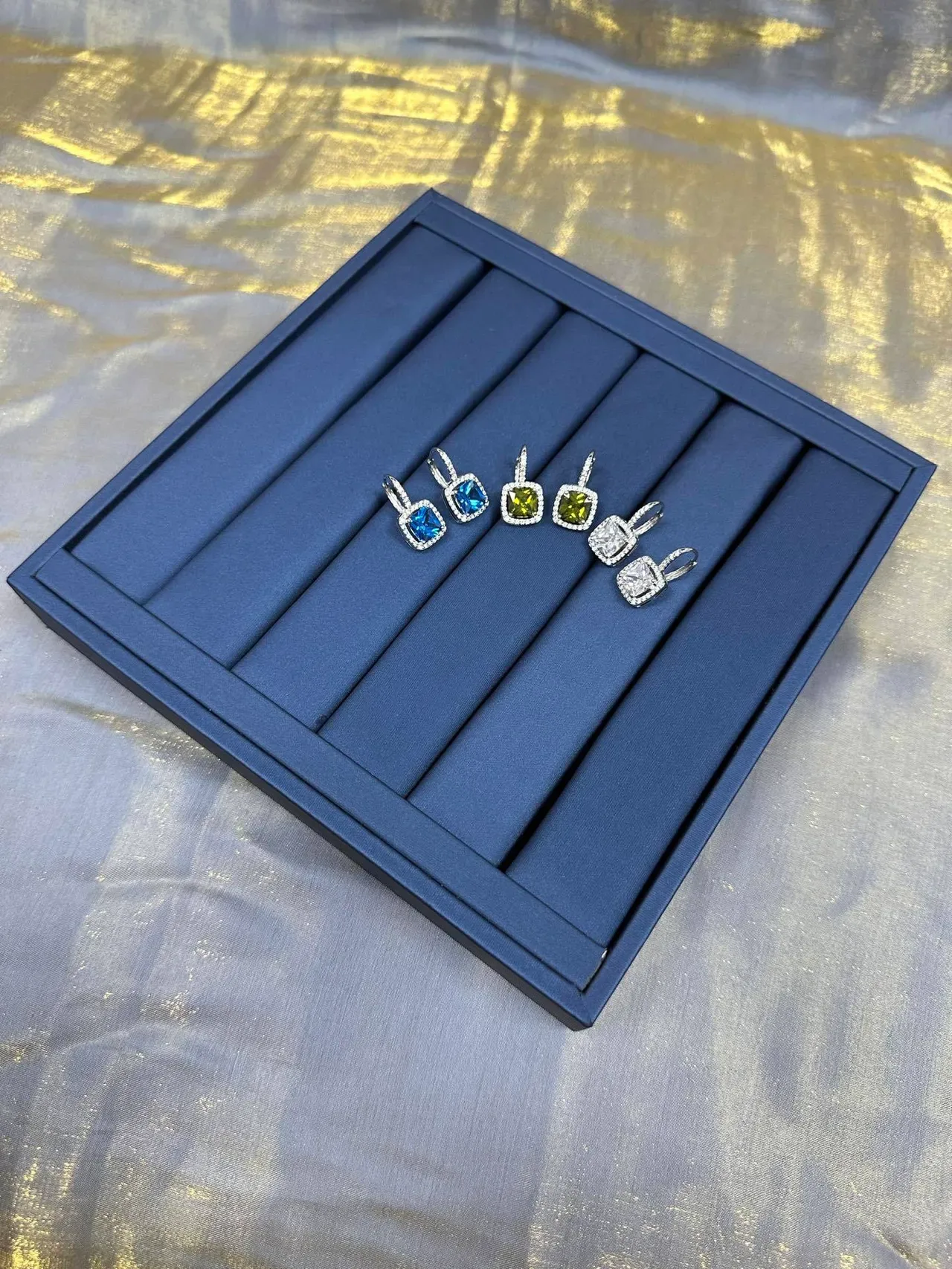 Square Blue Gemstone Halo Lever-Back Earrings 4