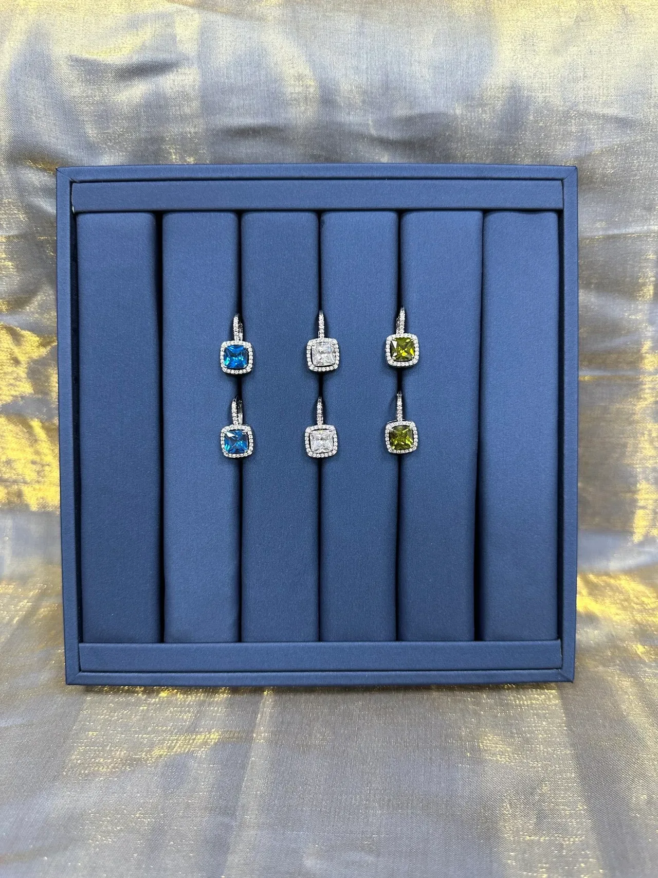 Square Blue Gemstone Halo Lever-Back Earrings 6