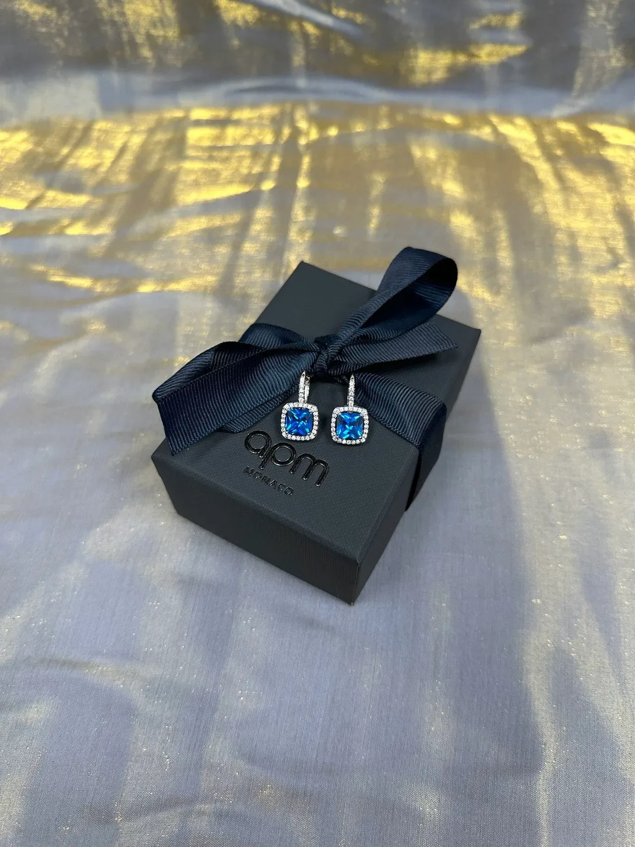 Square Blue Gemstone Halo Lever-Back Earrings 8