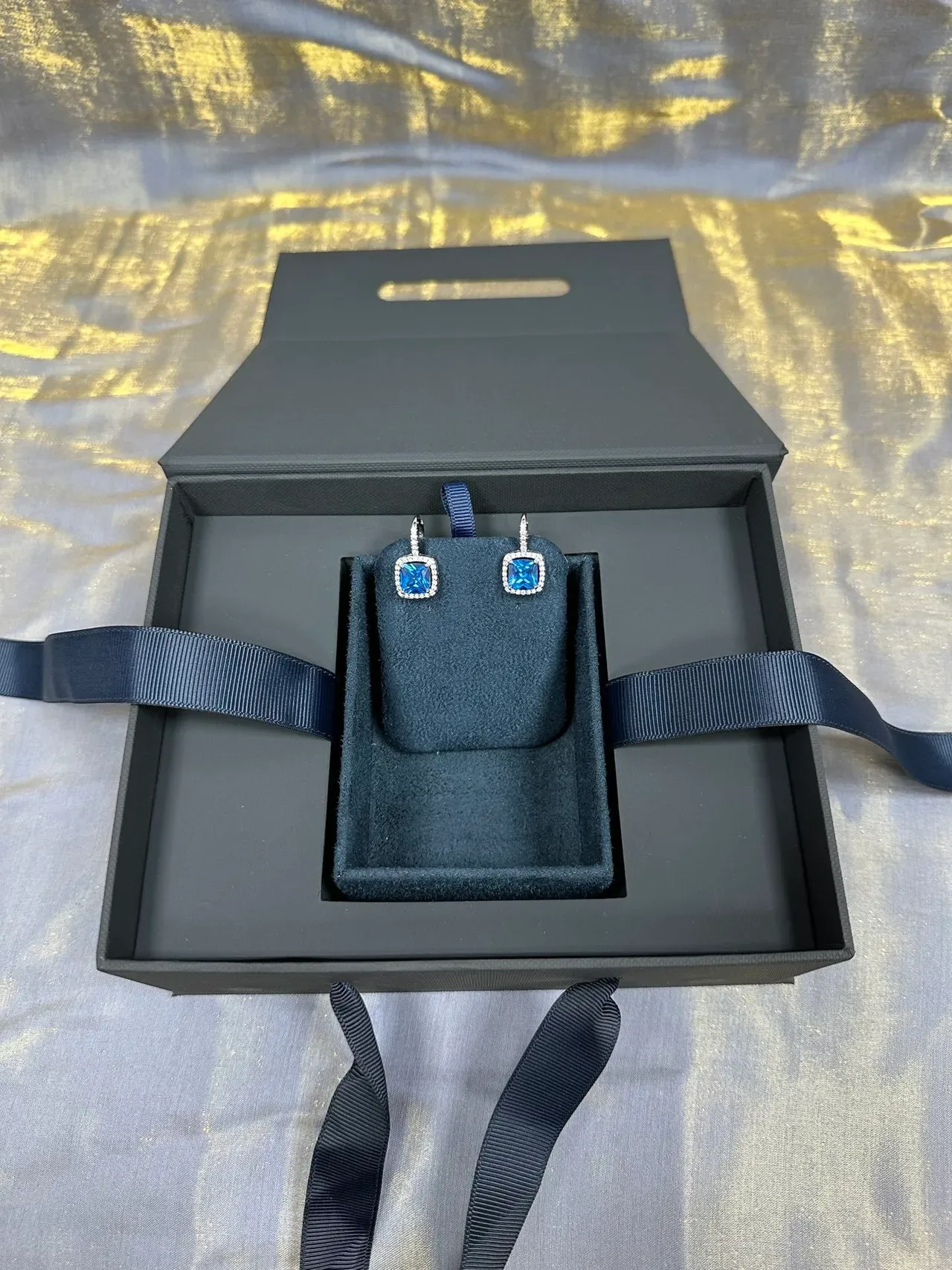 Square Blue Gemstone Halo Lever-Back Earrings 9