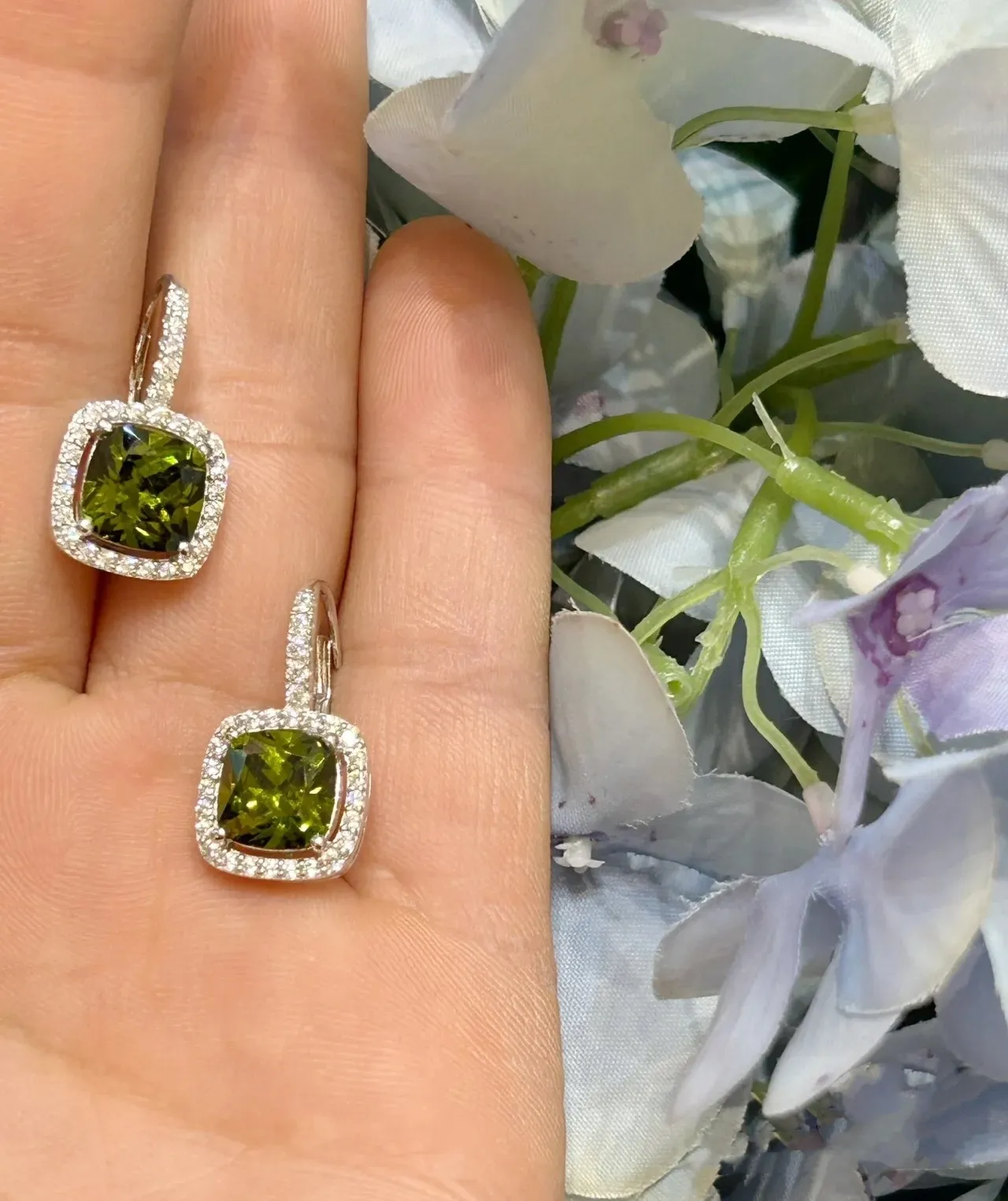 Square Cushion-Cut Green Gemstone Halo Earrings 4