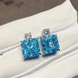 Square-Cut Blue and Clear Stone Double-Stud Earrings