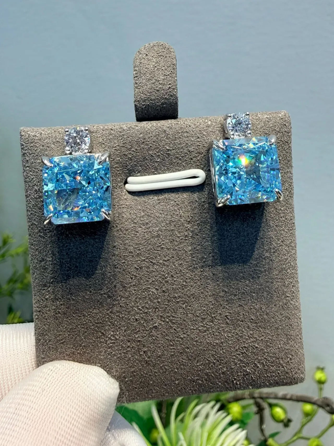 Square-Cut Blue and Clear Stone Double-Stud Earrings 3
