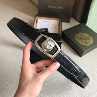 Stefano Ricci Black Silver Crocodile-Embossed Contrast White Stitching Leather Belt