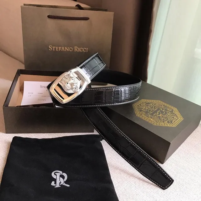 Stefano Ricci Black Silver Crocodile-Embossed Contrast White Stitching Leather Belt 4