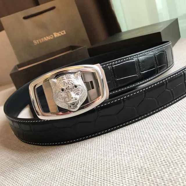 Stefano Ricci Black Silver Crocodile-Embossed Contrast White Stitching Leather Belt 5