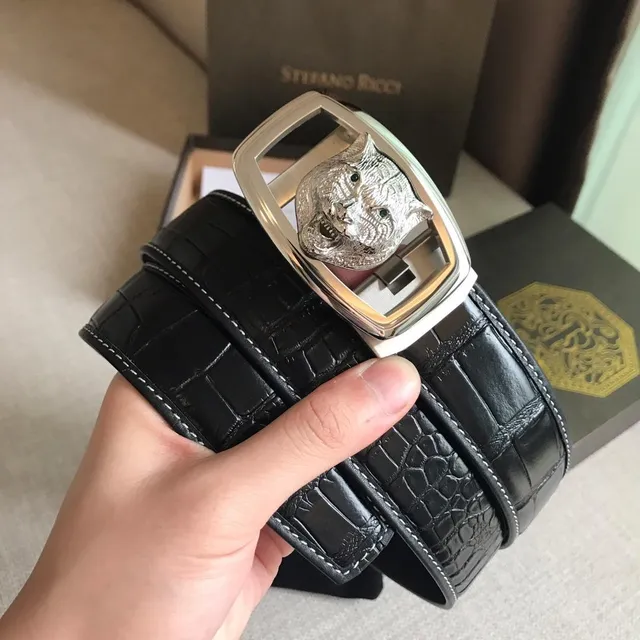 Stefano Ricci Black Silver Crocodile-Embossed Contrast White Stitching Leather Belt 6