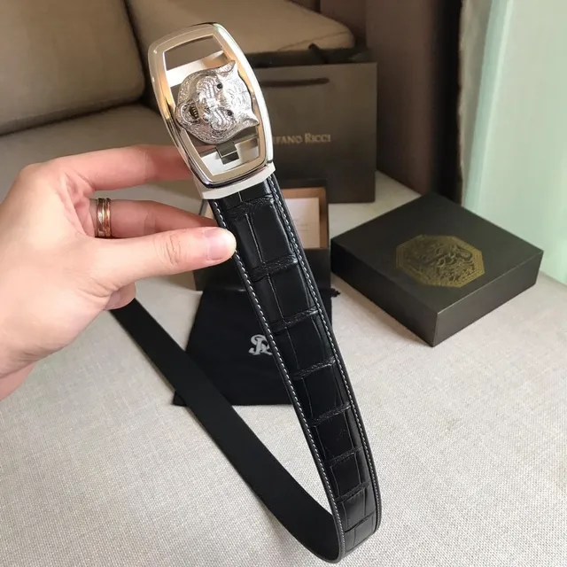 Stefano Ricci Black Silver Crocodile-Embossed Contrast White Stitching Leather Belt 7