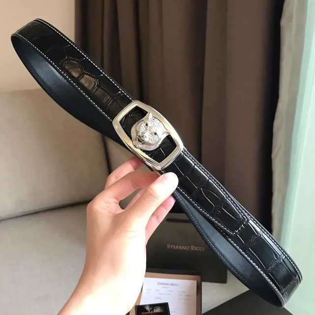 Stefano Ricci Black Silver Crocodile-Embossed Contrast White Stitching Leather Belt 8