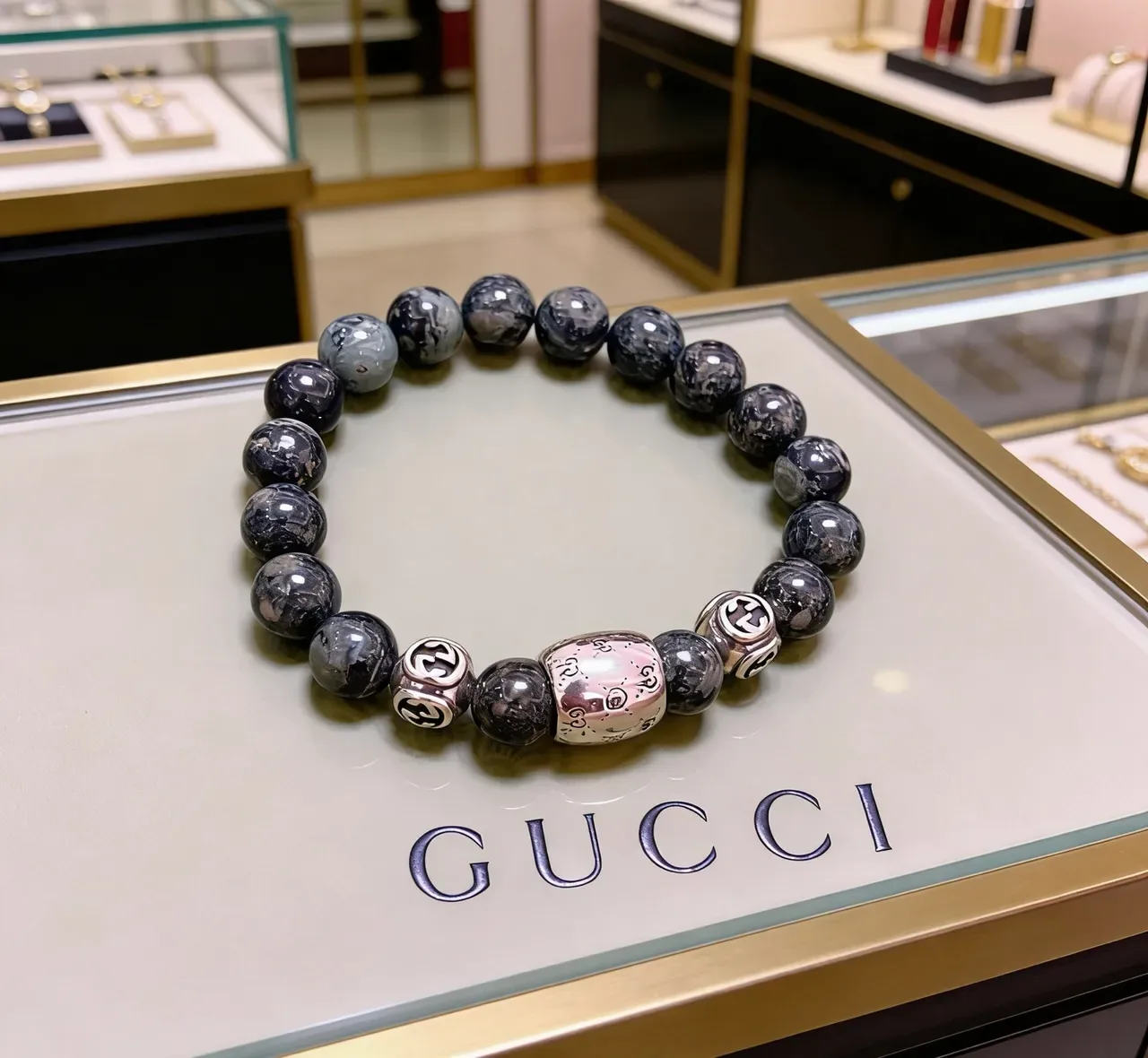 Stone and Silver-Tone Engraved Charm Beaded Bracelet 2