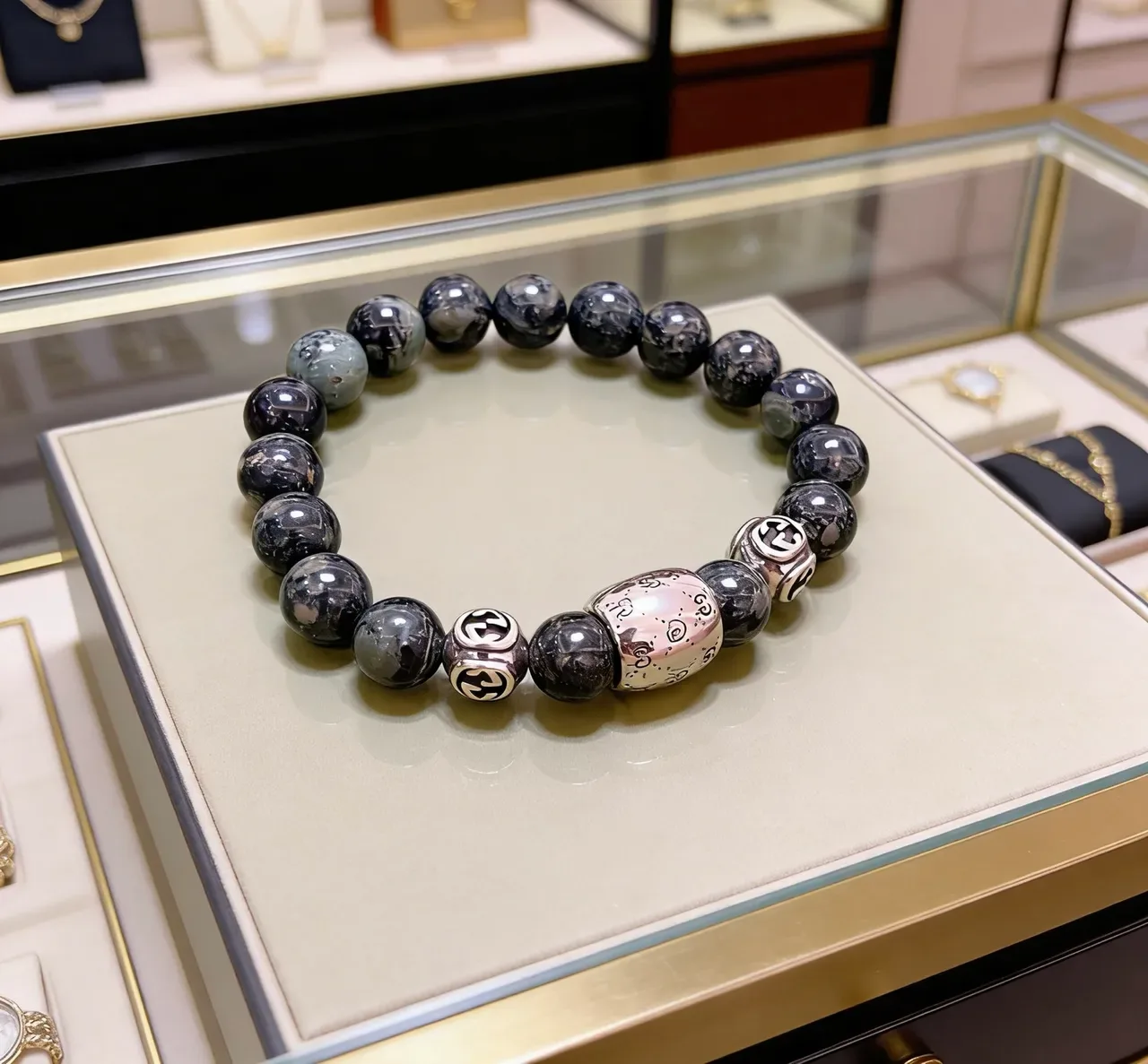 Stone and Silver-Tone Engraved Charm Beaded Bracelet 6