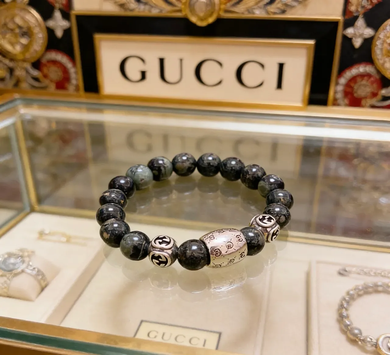 Stone and Silver-Tone Engraved Charm Beaded Bracelet 7