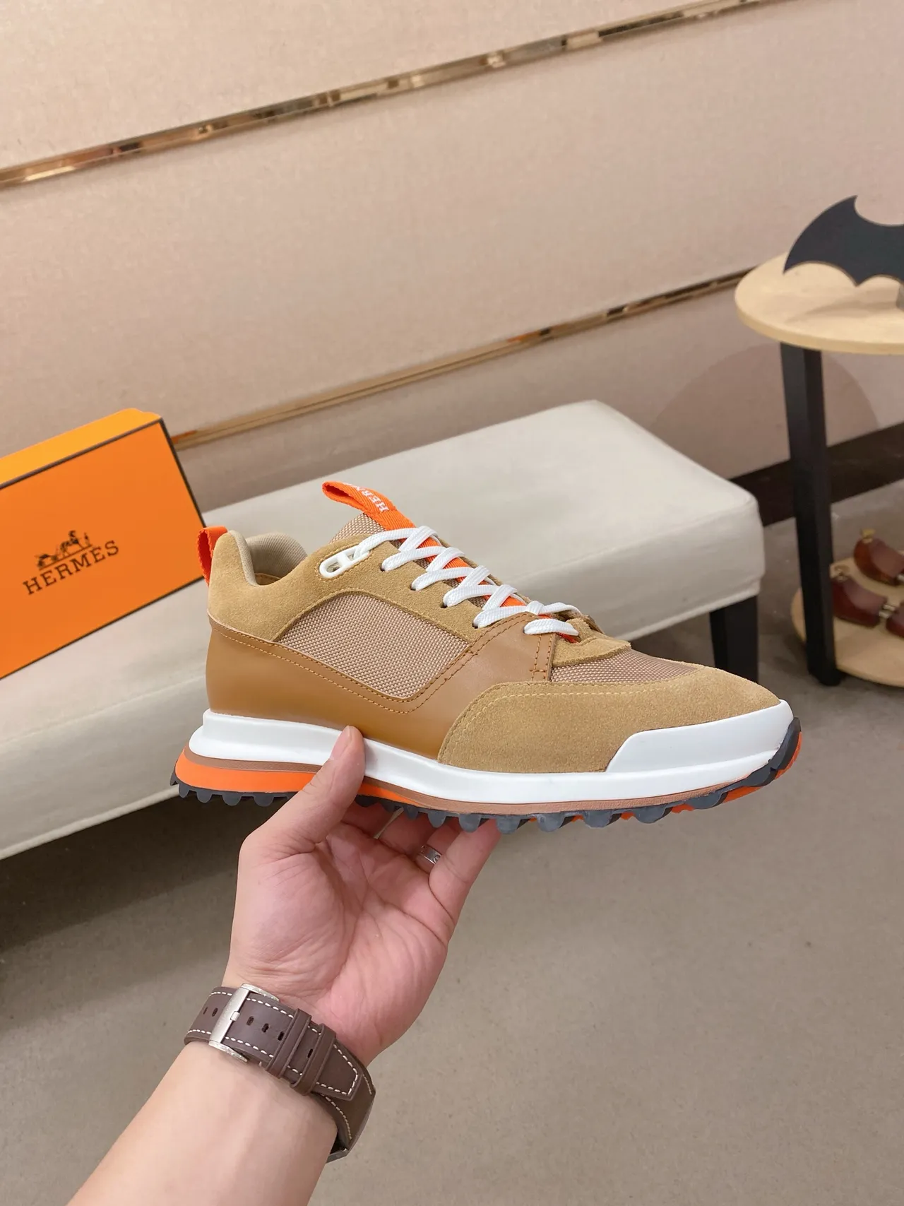 Tan and Orange Layered Suede-Mesh Lifestyle Sneaker 5
