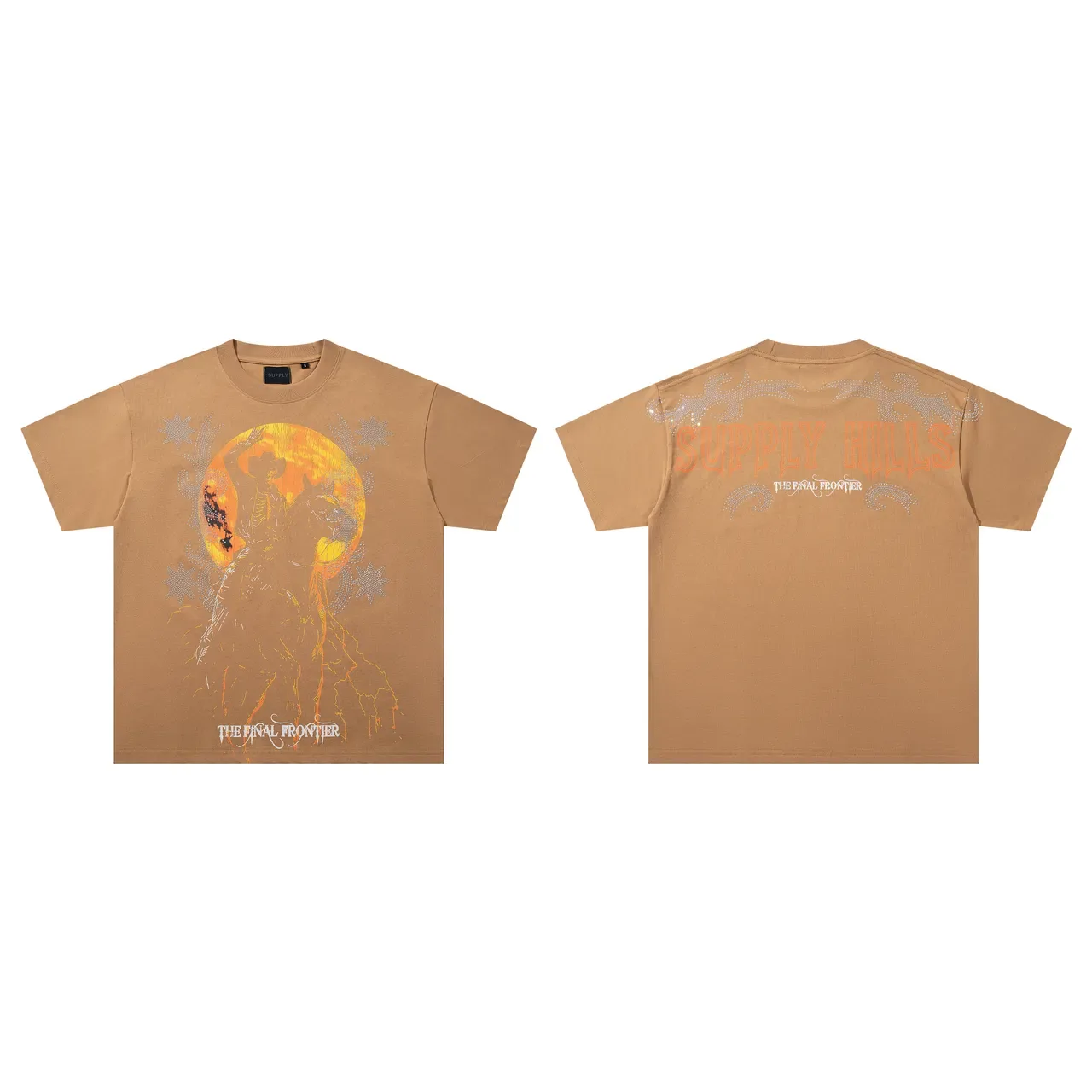 Tan Graphic Print Rhinestone Embellished Western Motif T-Shirt 2