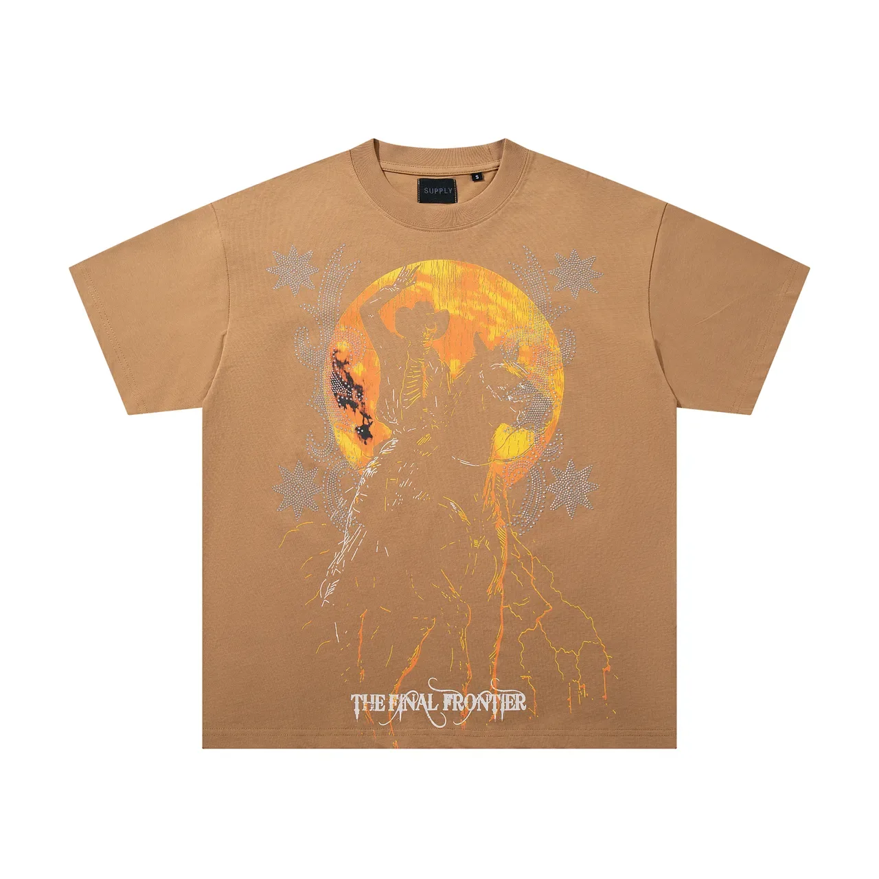Tan Graphic Print Rhinestone Embellished Western Motif T-Shirt 4