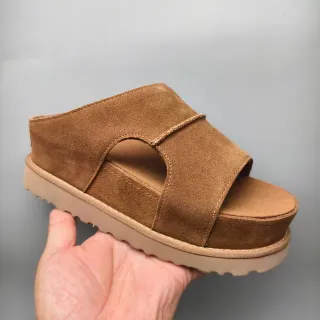 Tan Suede Double-Strap Platform Slide Sandal