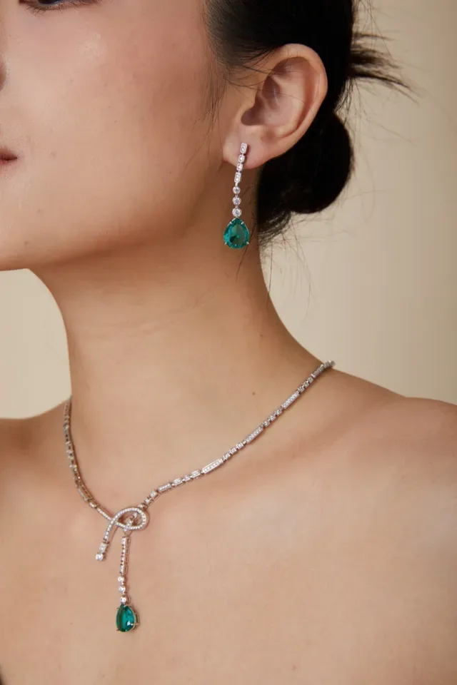 Teal Pear-Shaped Gemstone and Diamond Drop Earrings 3