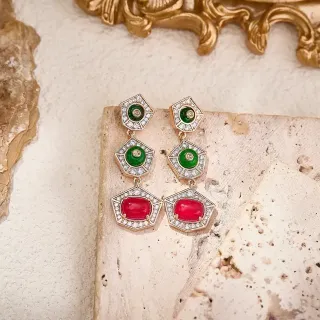 Three-Tier Geometric Pavé Cabochon Earrings