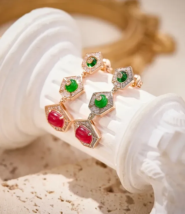 Three-Tier Geometric Pavé Cabochon Earrings 3