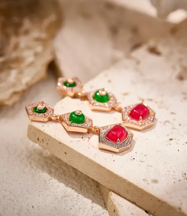 Three-Tier Geometric Pavé Cabochon Earrings 4
