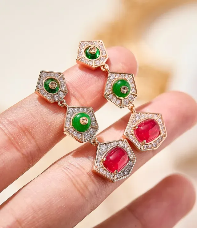 Three-Tier Geometric Pavé Cabochon Earrings 5
