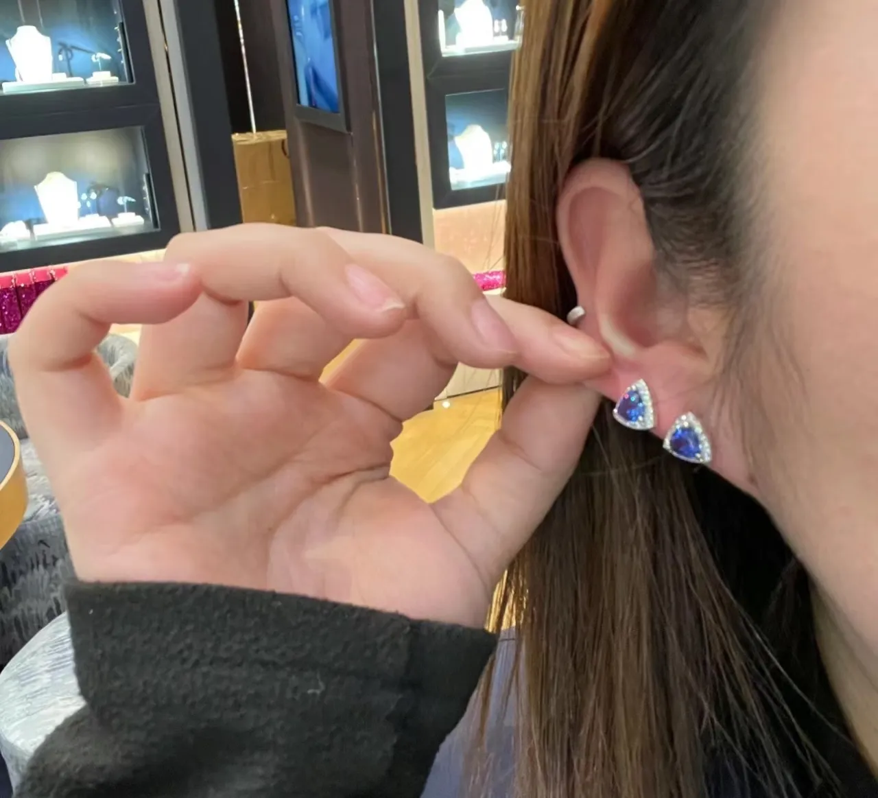 Triangular Blue Gemstone Pavé Halo Stud Earrings 2