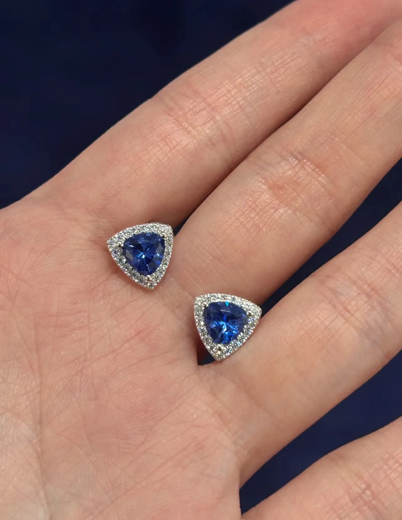 Triangular Blue Gemstone Pavé Halo Stud Earrings 5