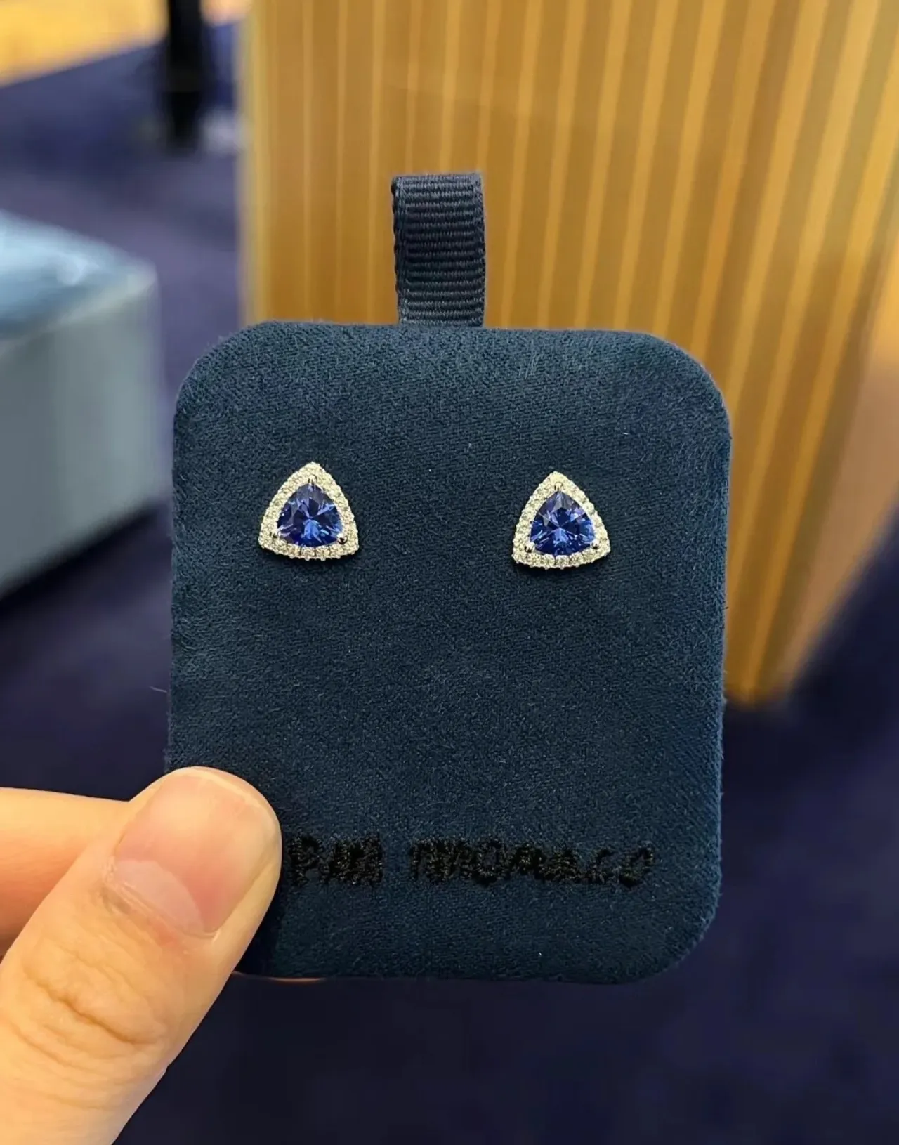 Triangular Blue Gemstone Pavé Halo Stud Earrings 6