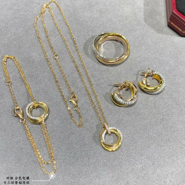 Triple Hoop Pavé Gold Silver Interlocking Hoops Stones Earrings 7