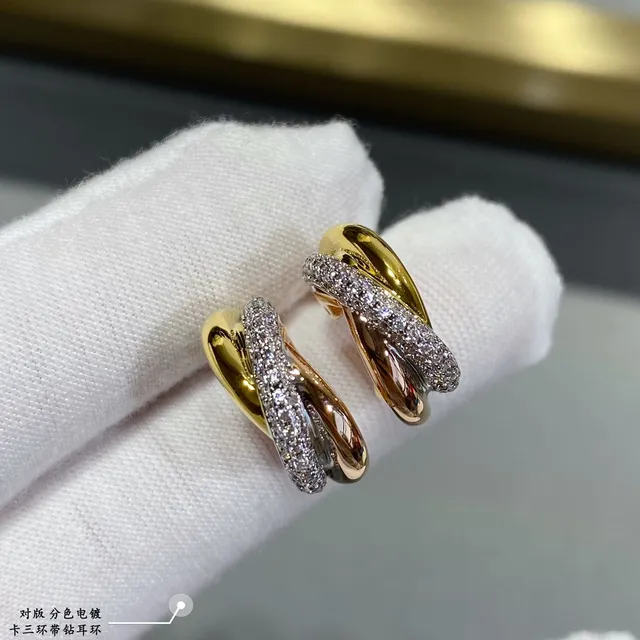 Triple Hoop Pavé Gold Silver Interlocking Hoops Stones Earrings 8