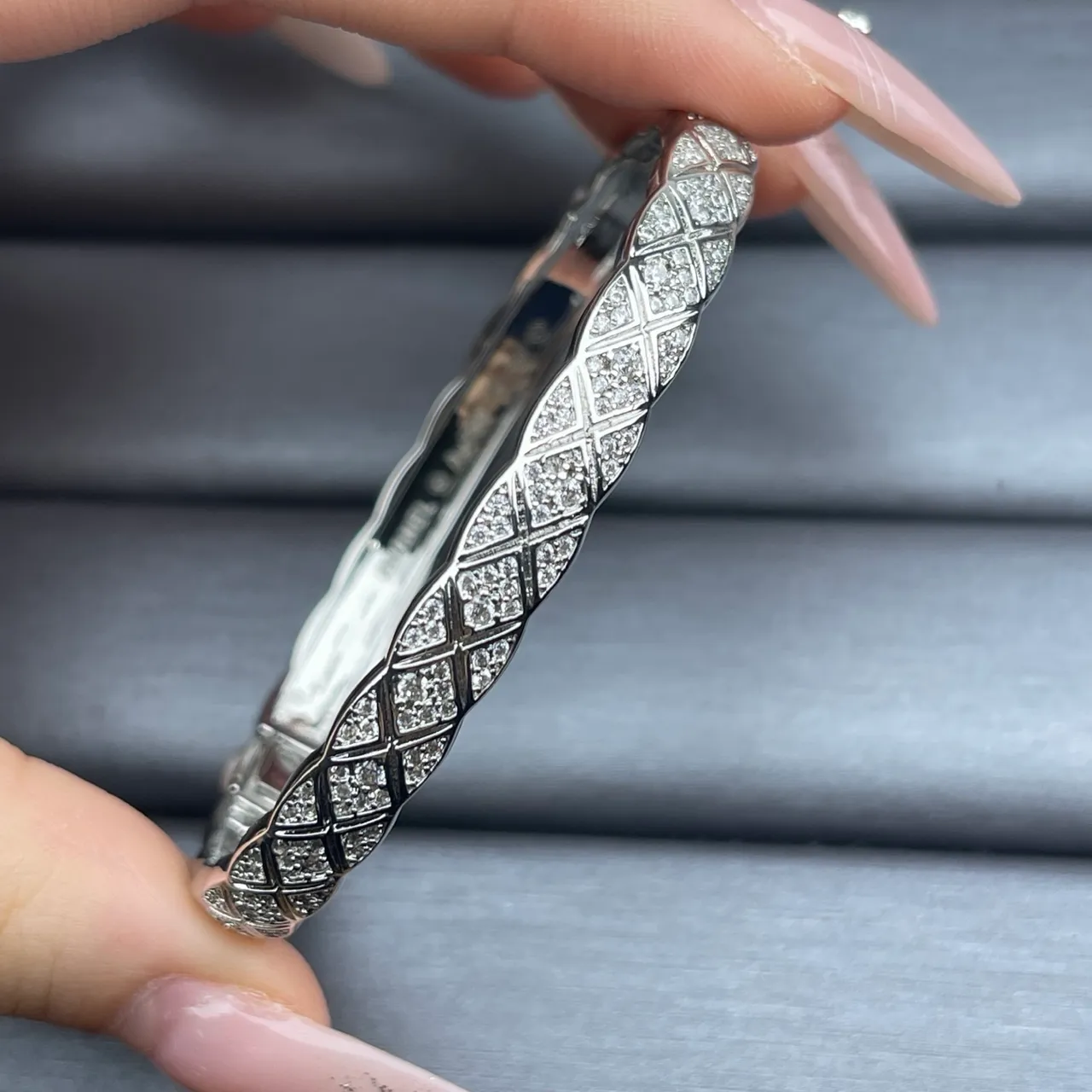 Triple-Tone Gold Pavé Crystal Diamond-Grid Hinged Bangle Bracelets 3