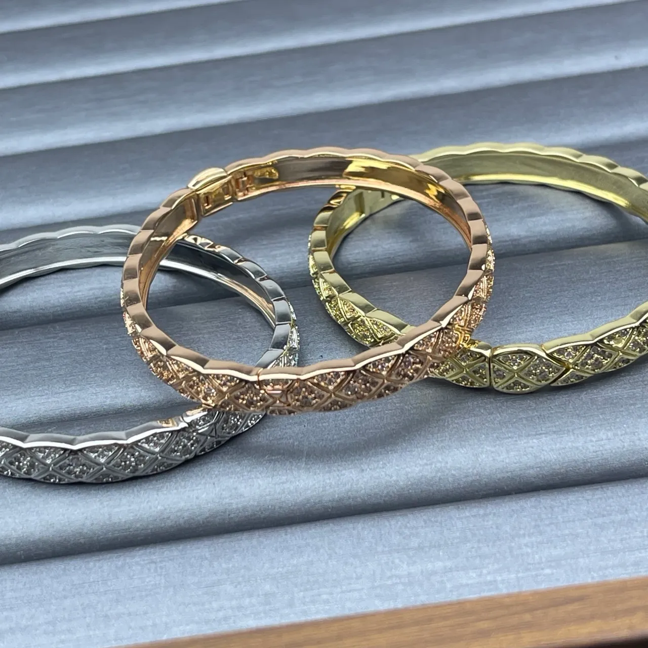 Triple-Tone Gold Pavé Crystal Diamond-Grid Hinged Bangle Bracelets 5