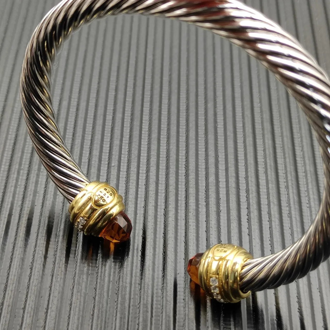 Twisted Cable Two-Tone Gem Terminal Bracelet 7
