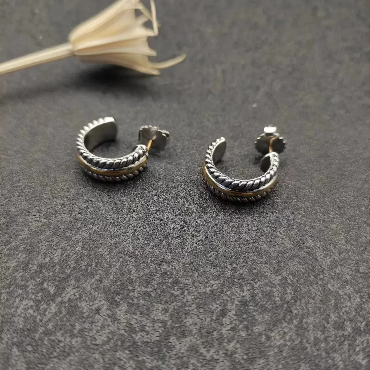 Two-Tone Rope-Textured Open Hoop Earrings 2