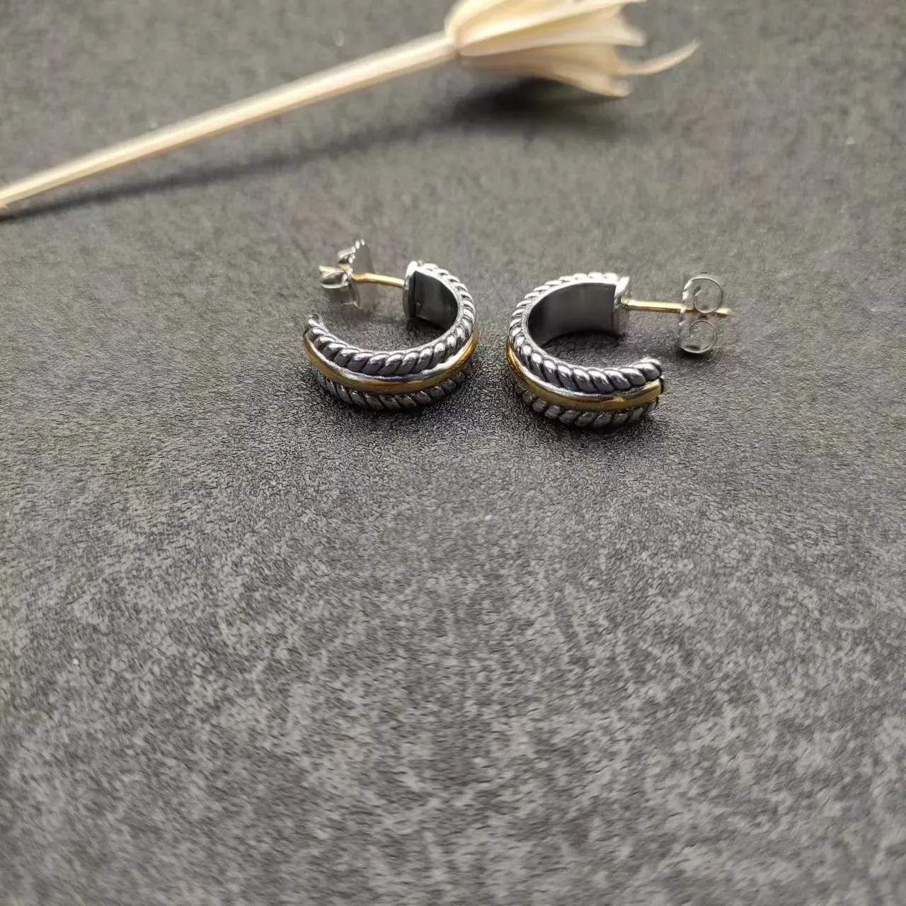 Two-Tone Rope-Textured Open Hoop Earrings 4