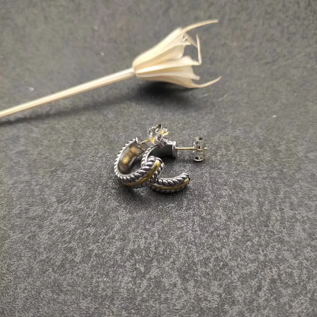 Two-Tone Rope-Textured Open Hoop Earrings 5