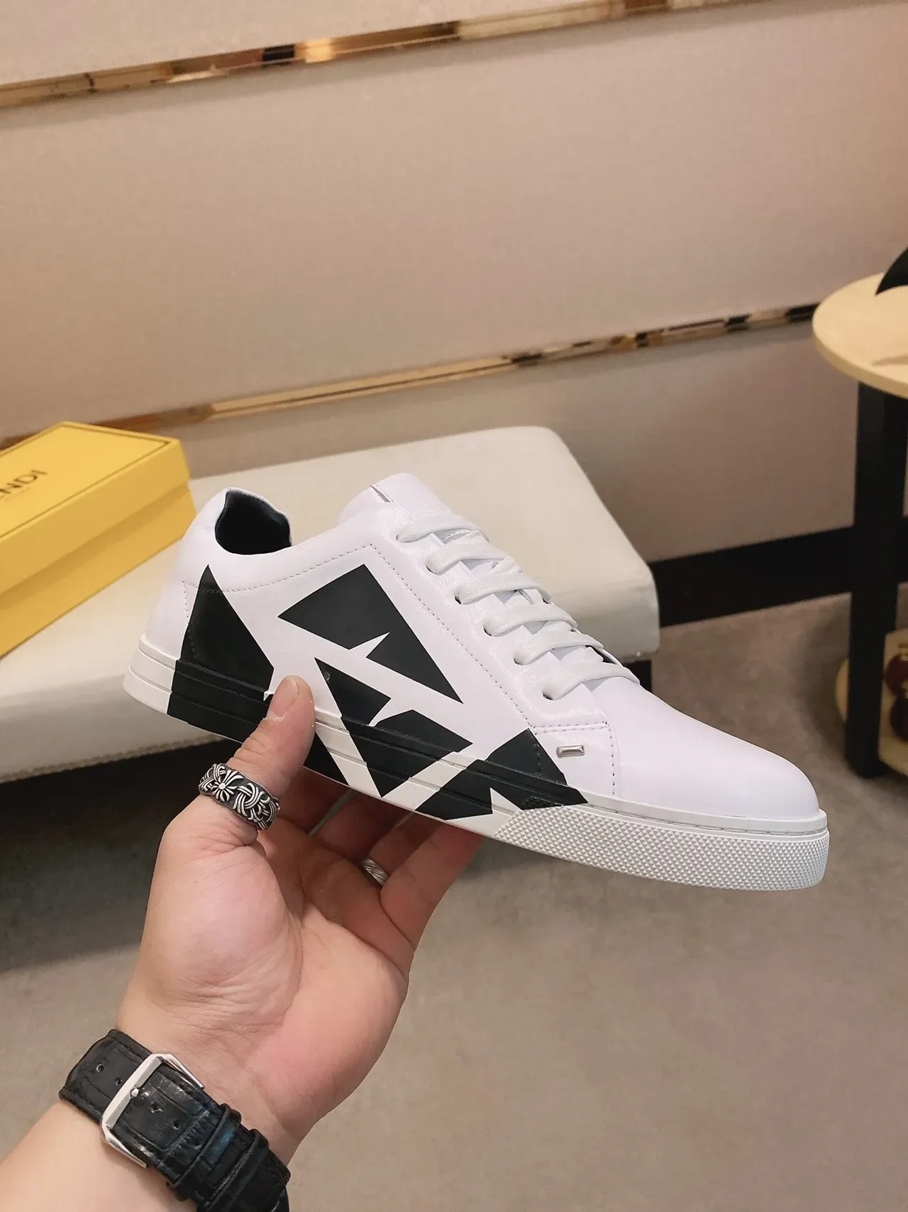 White and Black Geometric Panel Low-Top Sneaker 6