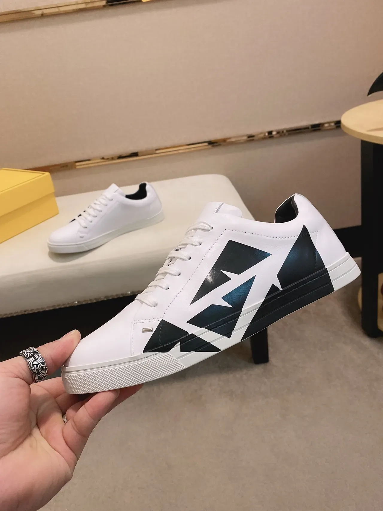 White and Black Geometric Panel Low-Top Sneaker 7