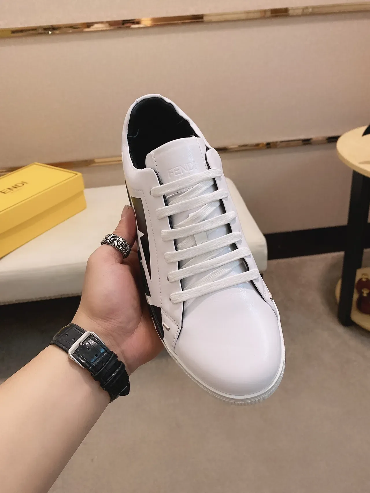 White and Black Geometric Panel Low-Top Sneaker 8