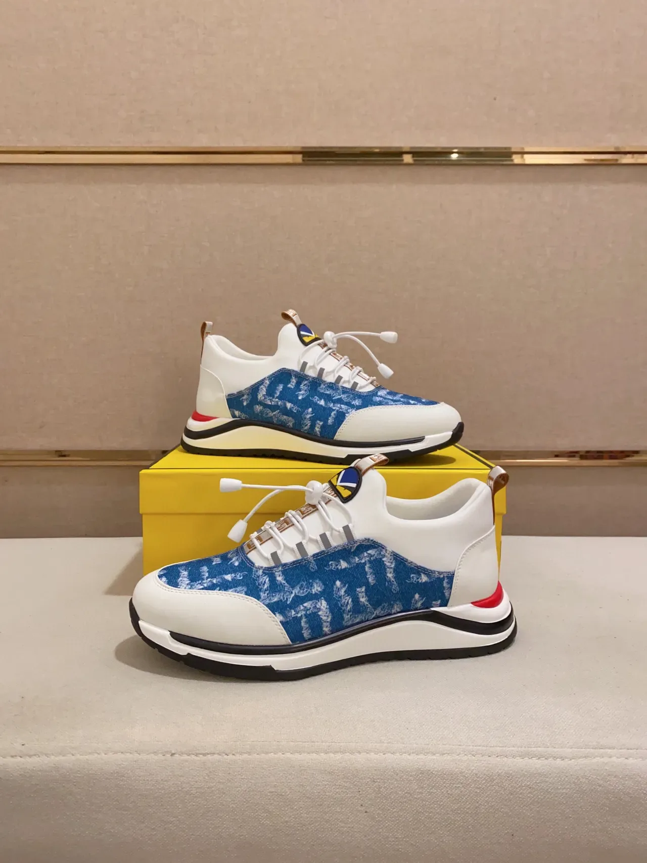 White and Blue Denim-Print Lace-Up Sneaker 4