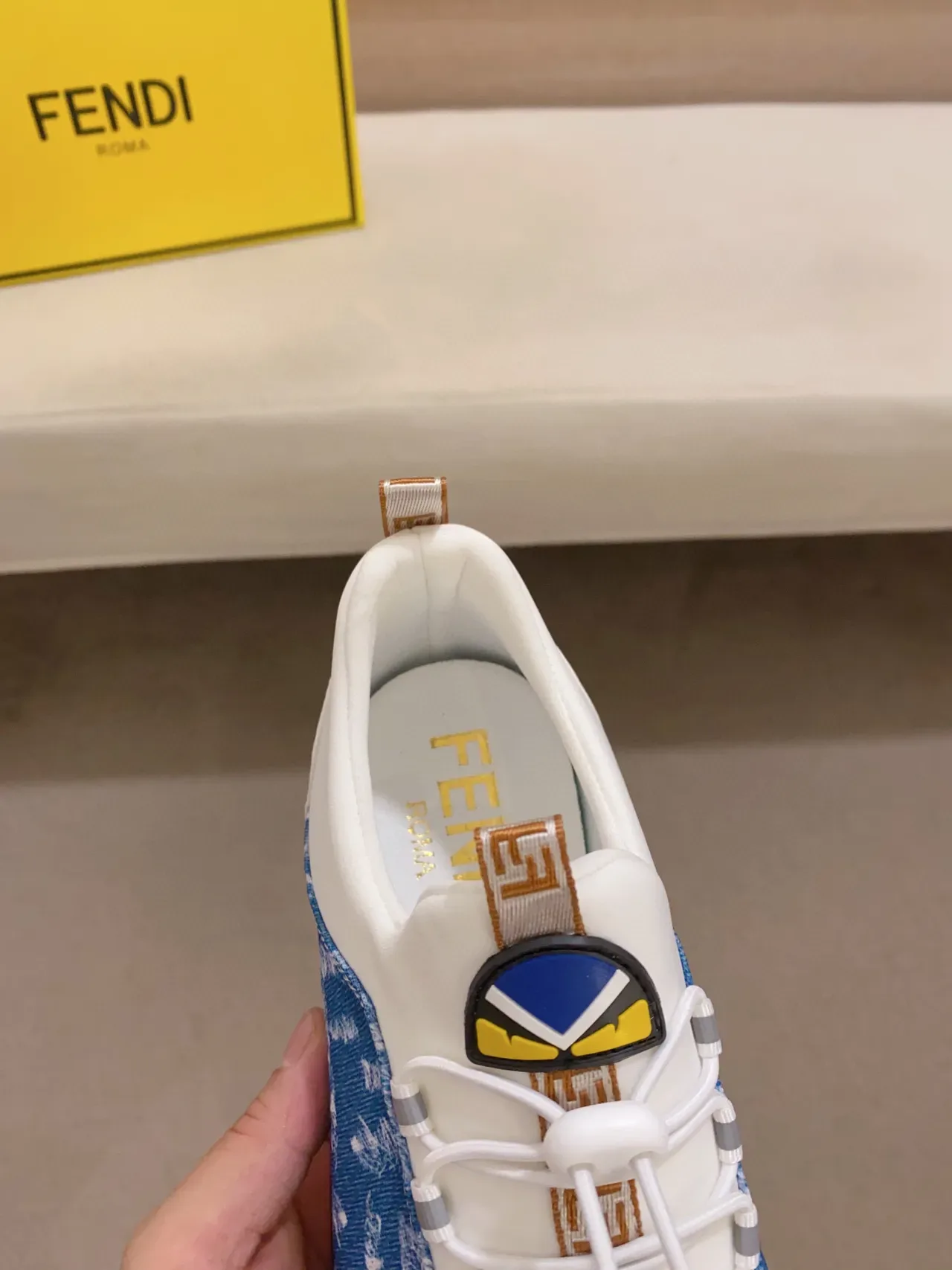 White and Blue Denim-Print Lace-Up Sneaker 5