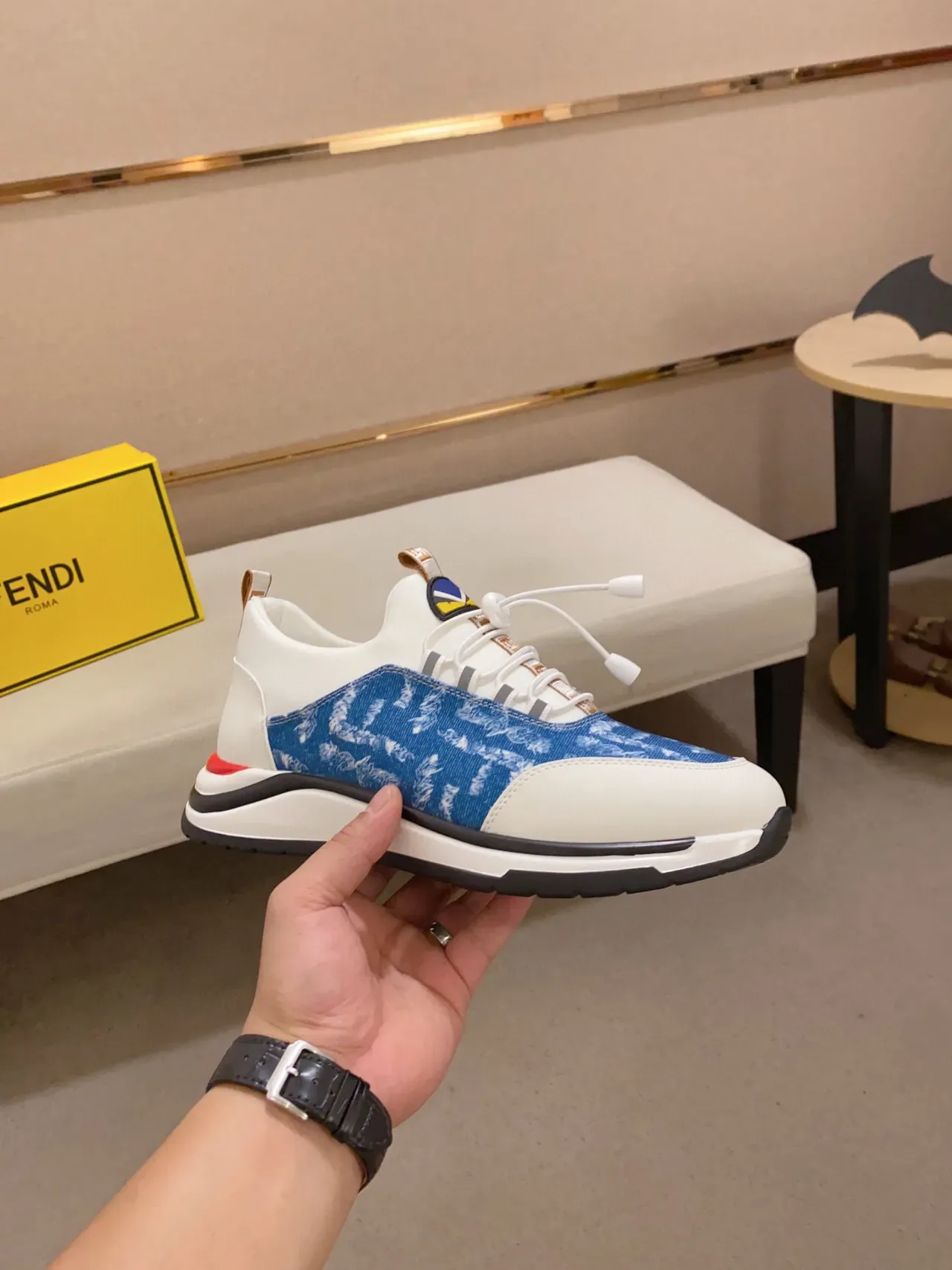 White and Blue Denim-Print Lace-Up Sneaker 7