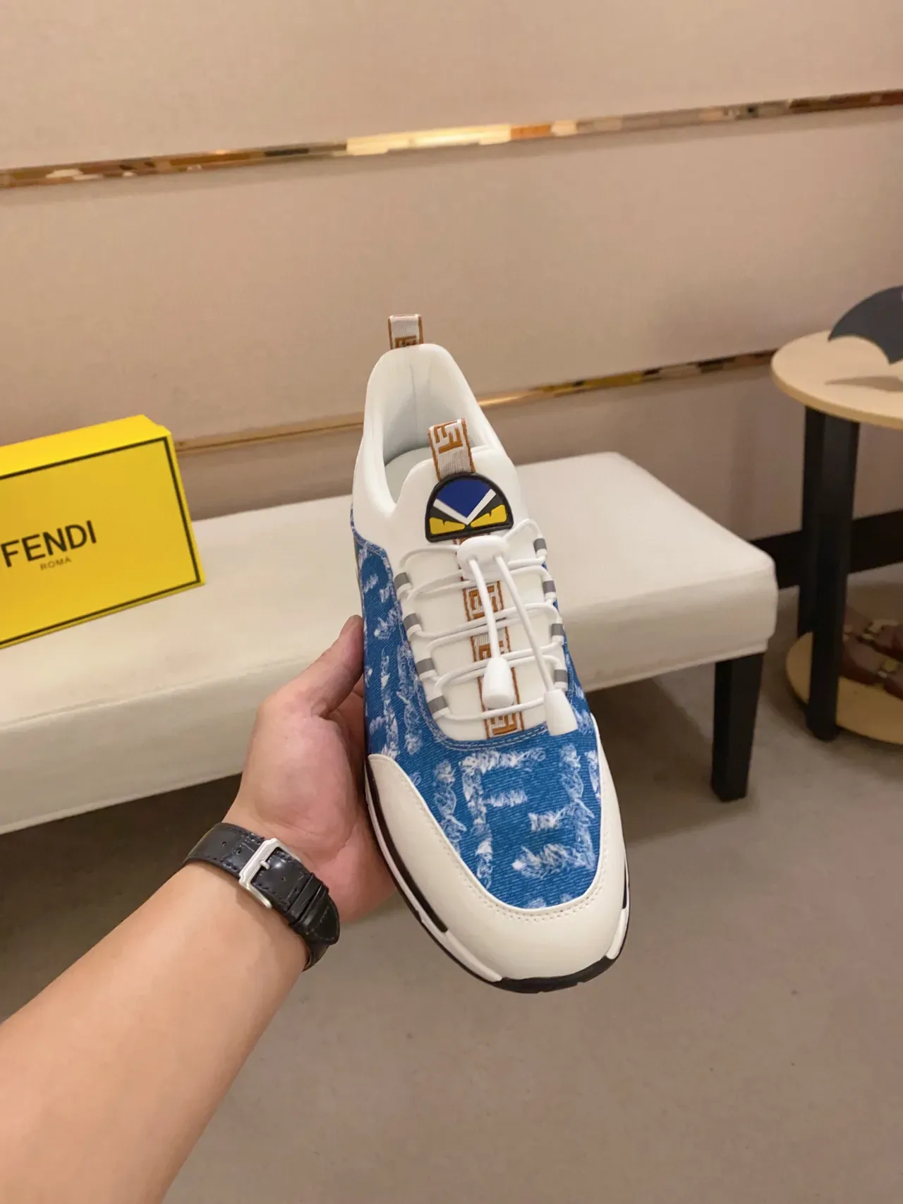 White and Blue Denim-Print Lace-Up Sneaker 9